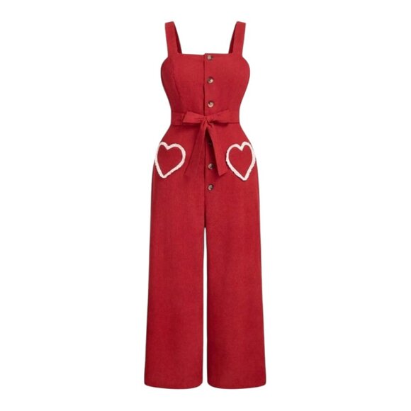 Boutique Pants - Plus Size <3 Heart Pattern Red Corduroy Bib Overall Palazzo Pants